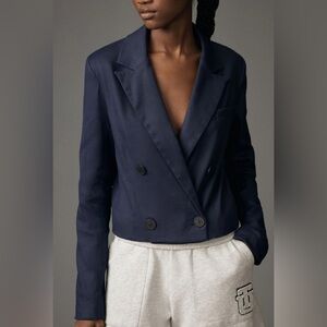 Anthropologie Maeve Cropped Linen Blazer in Navy Size 6